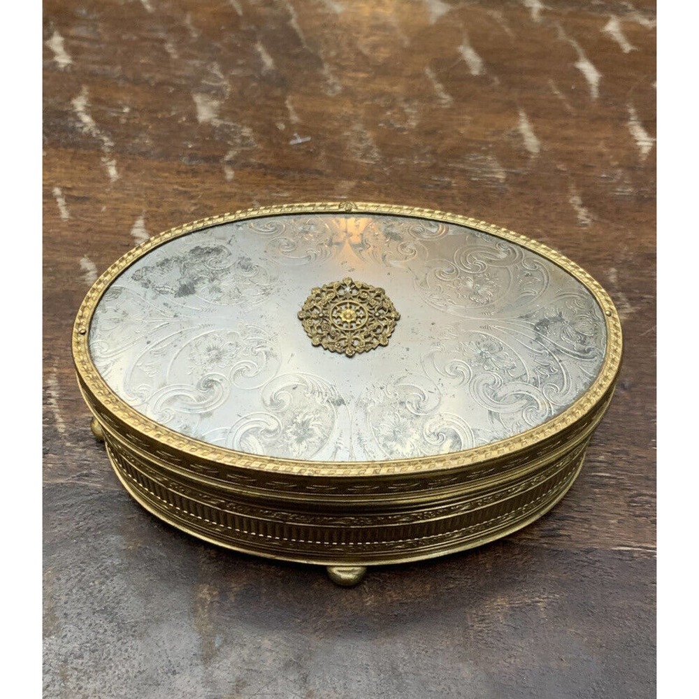 Brass And Steel Jewelry Box VINTAGE APOLLO With Four Feet And Yellow Velvet